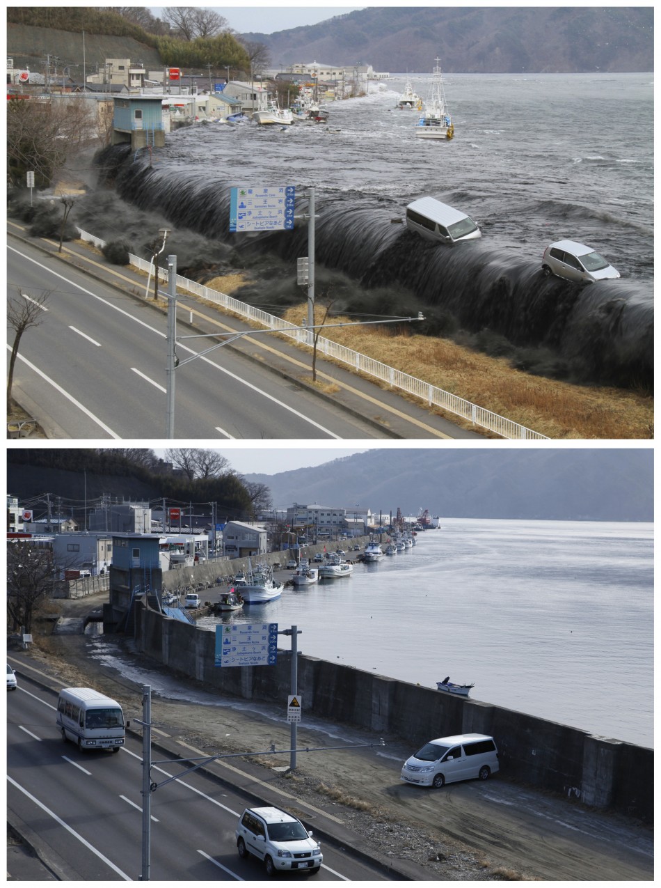 A combination photograph show the same location on two different dates in Miyako, Iwate Prefecture, northeastern Japan