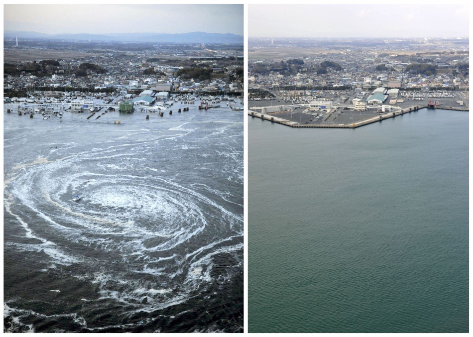 Combo photo shows a whirlpool caused by a tsunami near Oarai City, Ibaraki, and the same area almost a year later