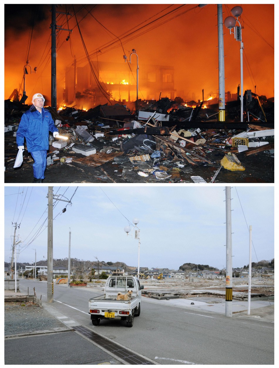 Combo photo shows the tsunami and earthquake-hit Iwaki city in Fukushima prefecture