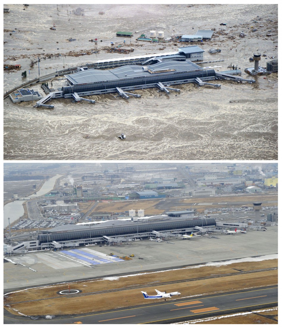 Combo photo shows the tsunami-devastated Sendai airport, Miyagi prefecture
