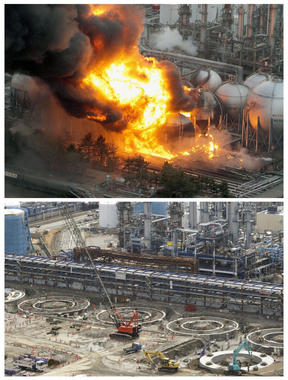 Combo photo shows aerial views of natural gas storage tanks burning at the Cosmo oil refinery in Ichihara, Chiba Prefecture, and the same area almost a year later