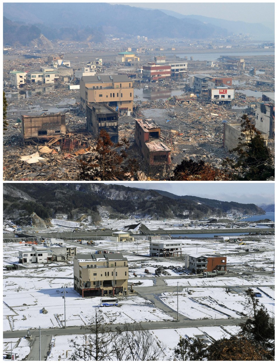 Combo photo shows the tsunami-devastated Otsuchi town in Iwate prefecture