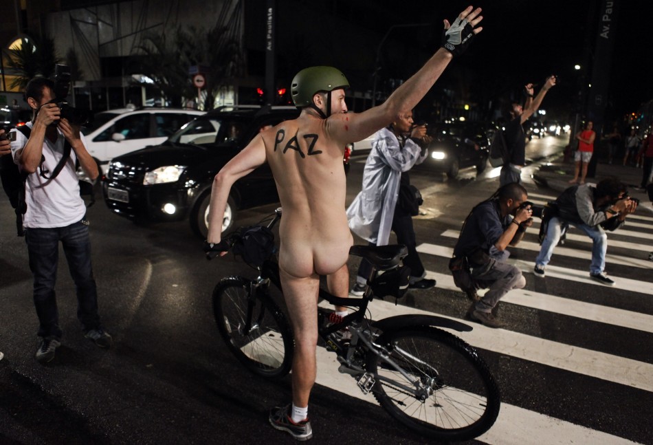 Cyclist takes part in the quotWorld Naked Bike Ridequot on Sao Paulo039s Paulista Avenue