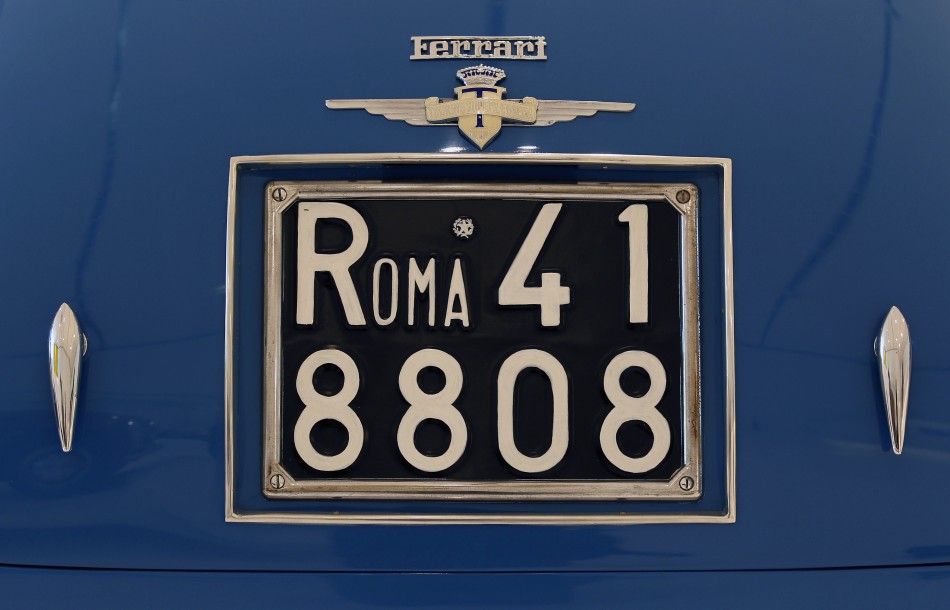 The license plate of a 1949 Ferrari 166 is pictured at the Casa Enzo Ferrari museum during a media preview in Modena