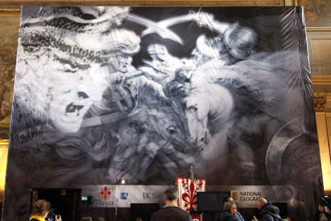 A banner promoting the &quot;Battle of Angiari&quot; project is seen before a news conference in Florence