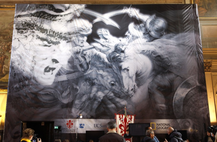 A banner promoting the "Battle of Angiari" project is seen before a news conference in Florence