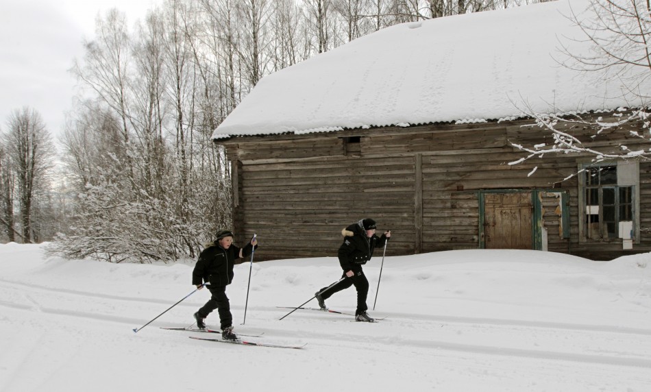 School boys ski in the remote Russian village of Bolshie Khutora