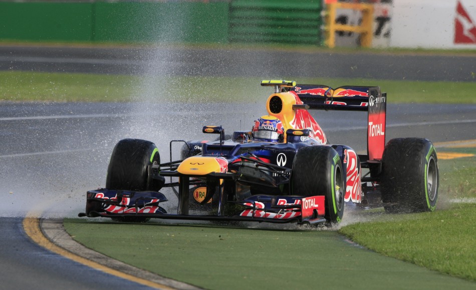 Red Bull Formula One driver Webber drives on the grass during the second practice session of the Australian F1 Grand Prix at the Albert Park circuit in Melbourne