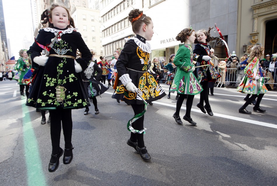 Irish step dancers participate in the Saint Patricks day parade on Fifth Avenue, in New York