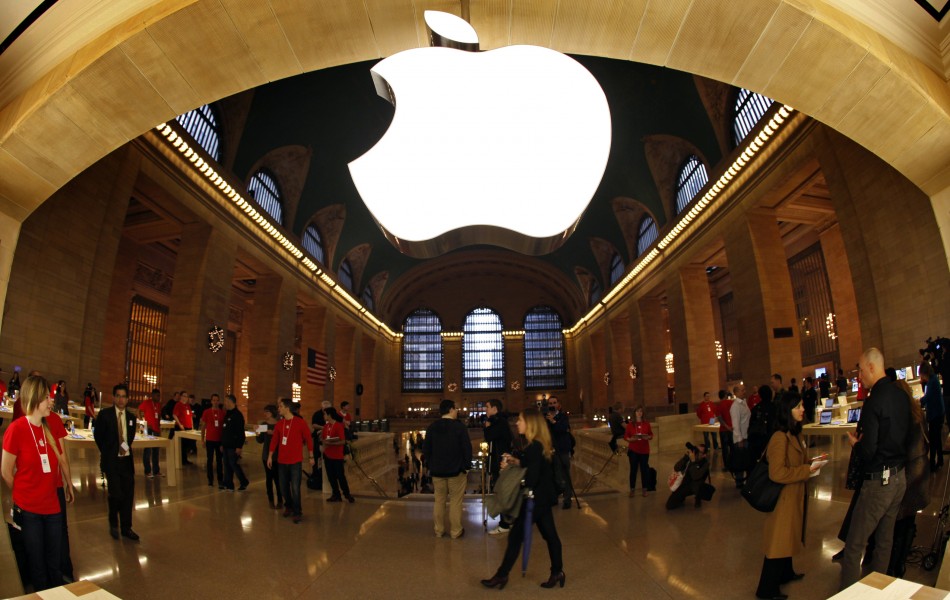 The Apple logo inside the newest Apple Store in New York Citys Grand Central Station