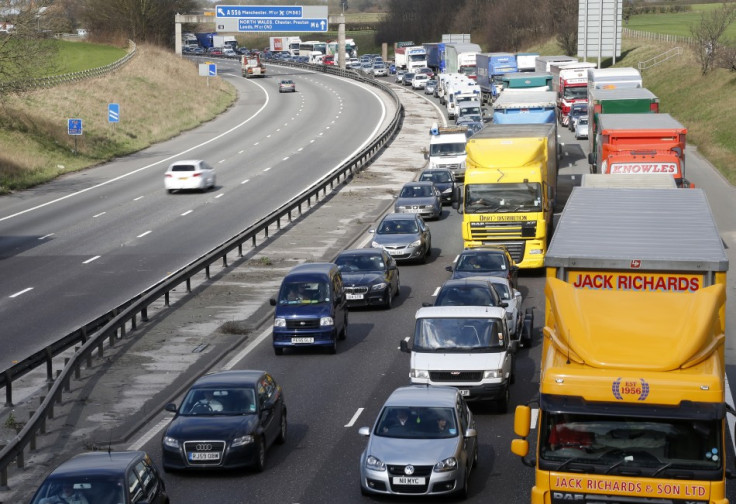 Traffic queues on the M6 motorway near Manchester, northern England