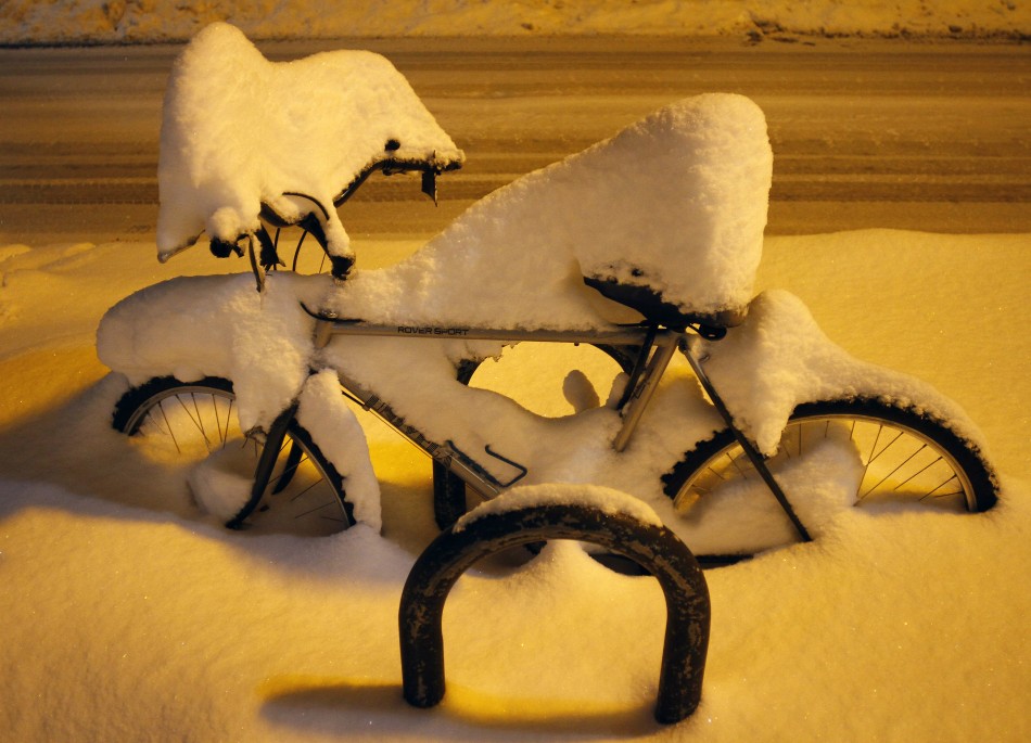 Several inches of snow cover a bicycle in Flagstaff