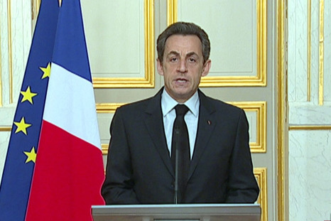 France's President Sarkozy seen making a statement on French national television from the Elysee Palace in Paris in a still image taken from video