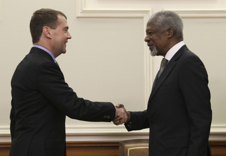 Russian President Medvedev shakes hands with U.N.-Arab League envoy Annan during their meeting in Moscow