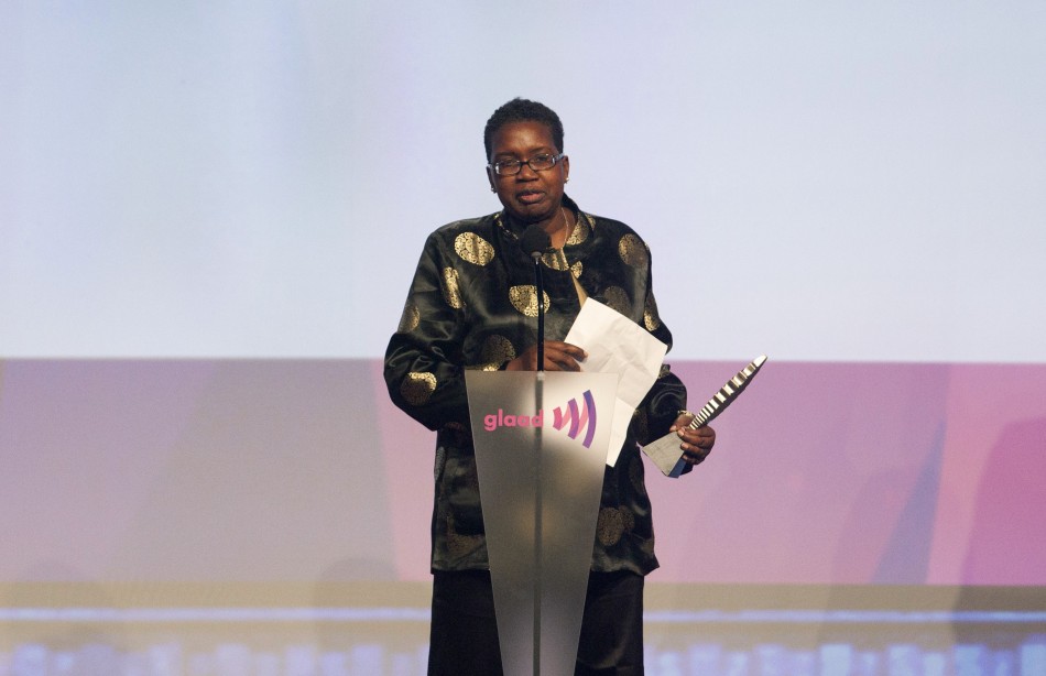 Carolyn Brown accepts an award for Outstanding Magazine Article at the 23rd annual GLAAD Media Awards in New York