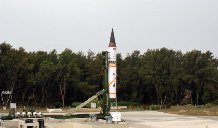 India's nuclear-capable Agni-III missile is seen before its third flight launch system at Wheeler Island