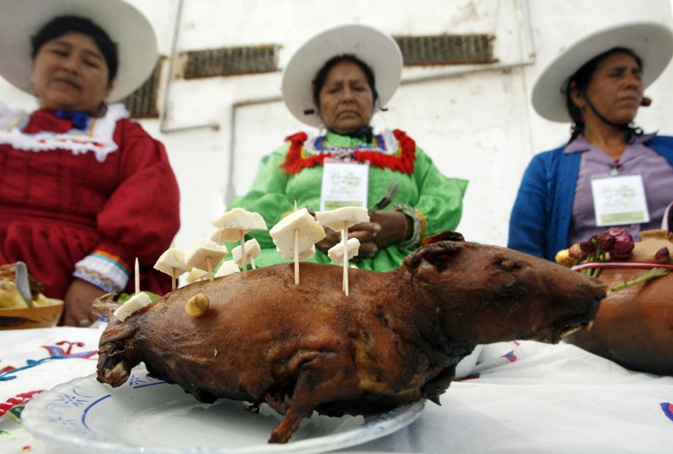 Andean women display dish of roasted cuy during guinea pig festival in Huacho