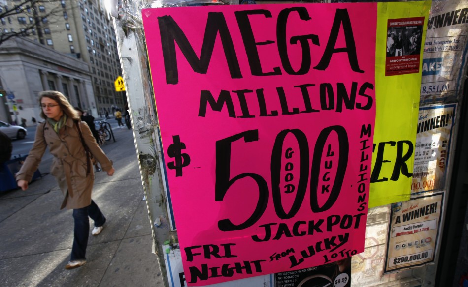 A sign advertises Mega Millions lottery tickets at a shop on New York Citys Upper West Side of Manhattan
