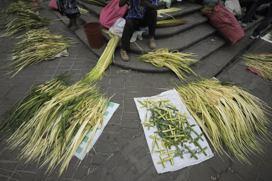 Palm branches for sale are seen outside a church in Tegucigalpa