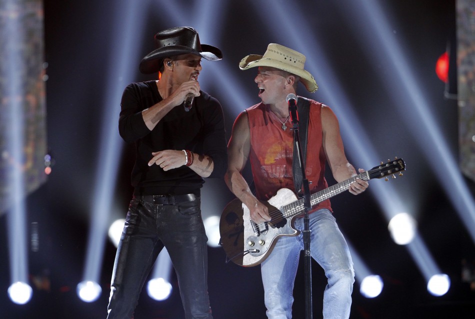 Tim McGraw and Kenny Chesney perform quotFeel Like a Rock Starquot at the 47th annual Academy of Country Music Awards in Las Vegas