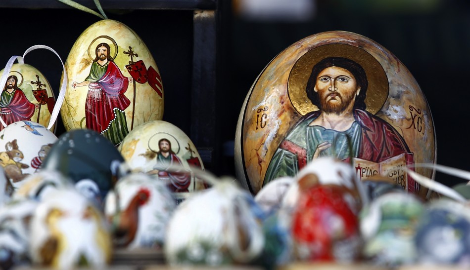 Colourful painted Easter eggs are displayed at a local Easter market in Bad Toelz