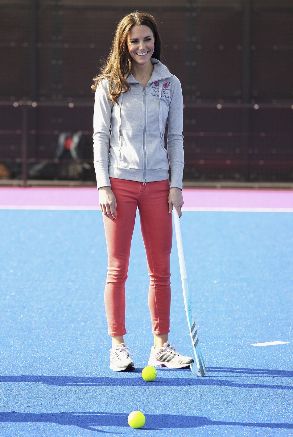 Britains Catherine, Duchess of Cambridge plays hockey with the GB hockey teams at the Riverside Arena in the Olympic Park in London