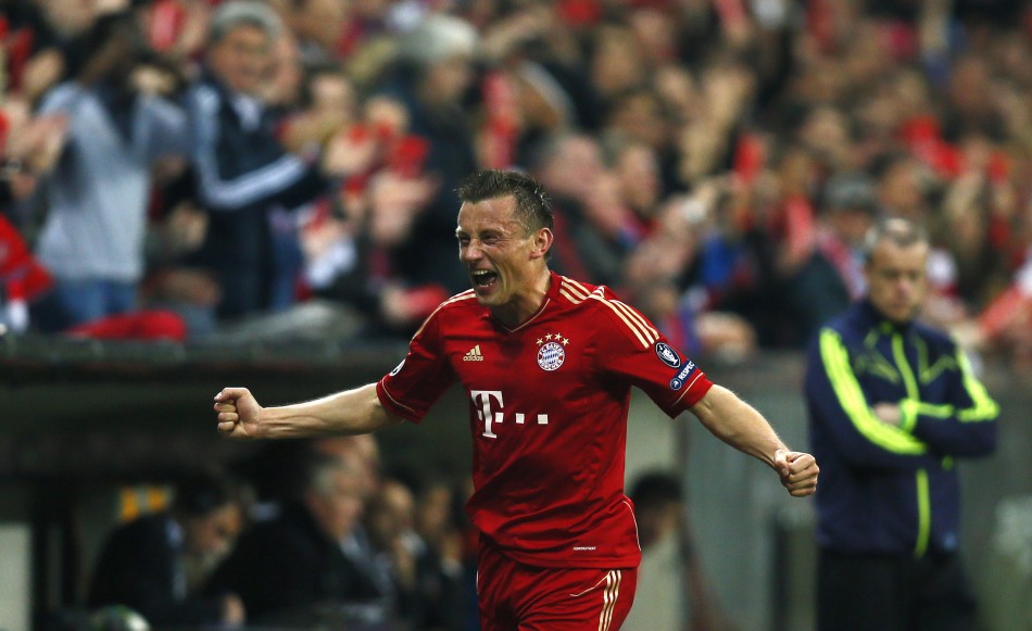 Ivica Olic of Bayern Munich celebrates his goal against Olympique Marseille during their Champions League soccer match in Munich