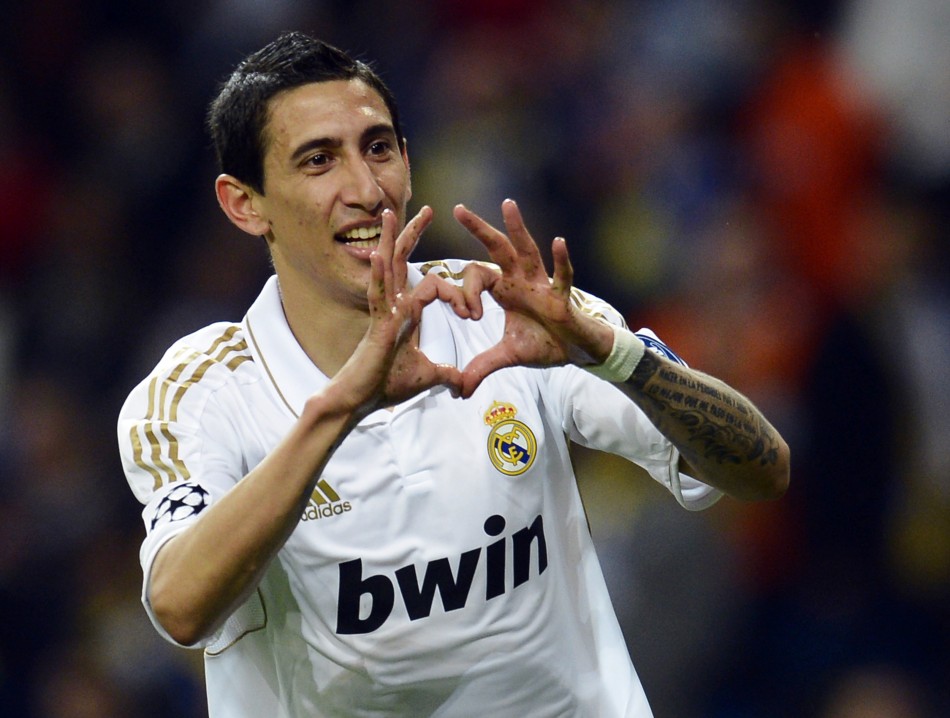 Real Madrid039s Angel Di Maria celebrates after scoring a goal during their Champions League quarter-final second leg soccer match gainst APOEL at Santiago Bernabeu stadium in Madrid