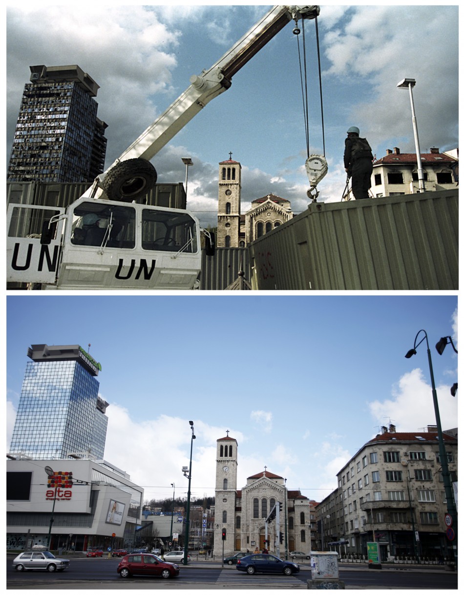 A United Nations peacekeeper stands at the construction site of a shelter in front of the damaged United Investment and Trading Company UNITIC Towers, and an Orthodox church in Sarajevo, in this picture taken in March 1993 top, and cars pass by the re