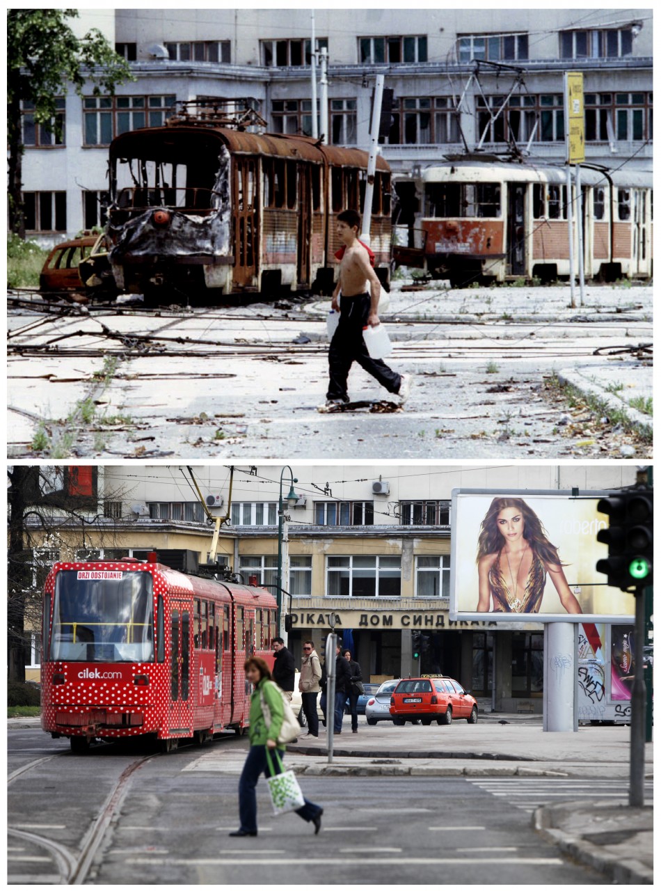 A Bosnian teenager carrying containers of water, walks in front of destroyed trams at Skenderia square in the besieged Bosnian capital of Sarajevo, in this file picture taken June 22, 1993 top, and a woman passes through the same square, in this combina
