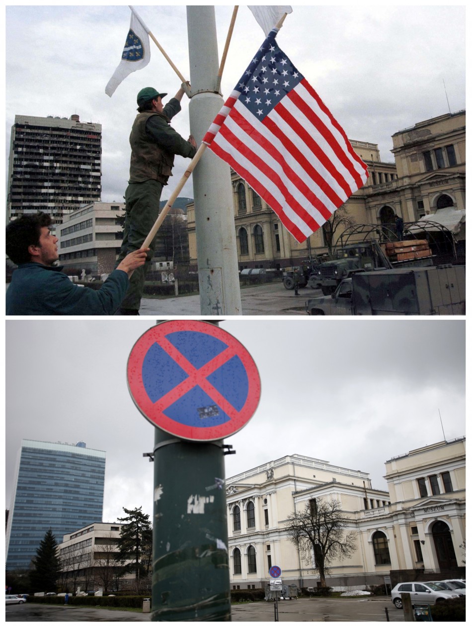 Workers put up Bosnian and U.S. national flags ahead of a visit by U.S. President Bill Clinton in Sarajevo top, in this file picture taken December 21, 1997, and the parliament building and National Museum are seen in Sarajevo April 1, 2012, in this com