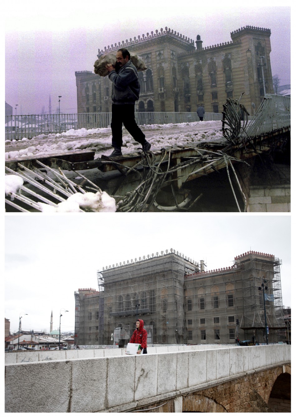 A man carries a bag of firewood across a destroyed bridge near the burnt library in Sarajevo, in this file picture taken January 1, 1994 and a man carries a box over the same bridge, now repaired, April 1, 2012, in this combination picture made April 4, 2