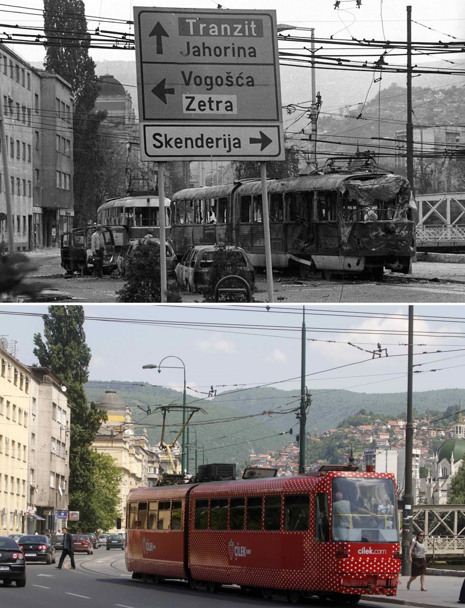 Combo photo of wreckage of tram following shelling in Skenderija district in Sarajevo and a tram travelling along the same street today