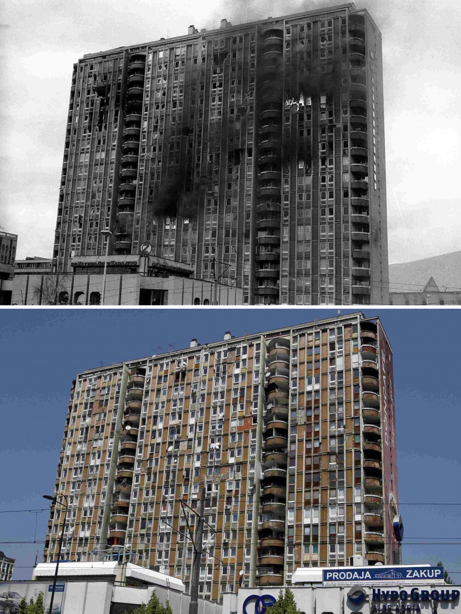A combination photo shows upper a building burning after being shelled in the Pofalici district in Sarajevo April 1992, and lower the same building pictured May 30, 2011