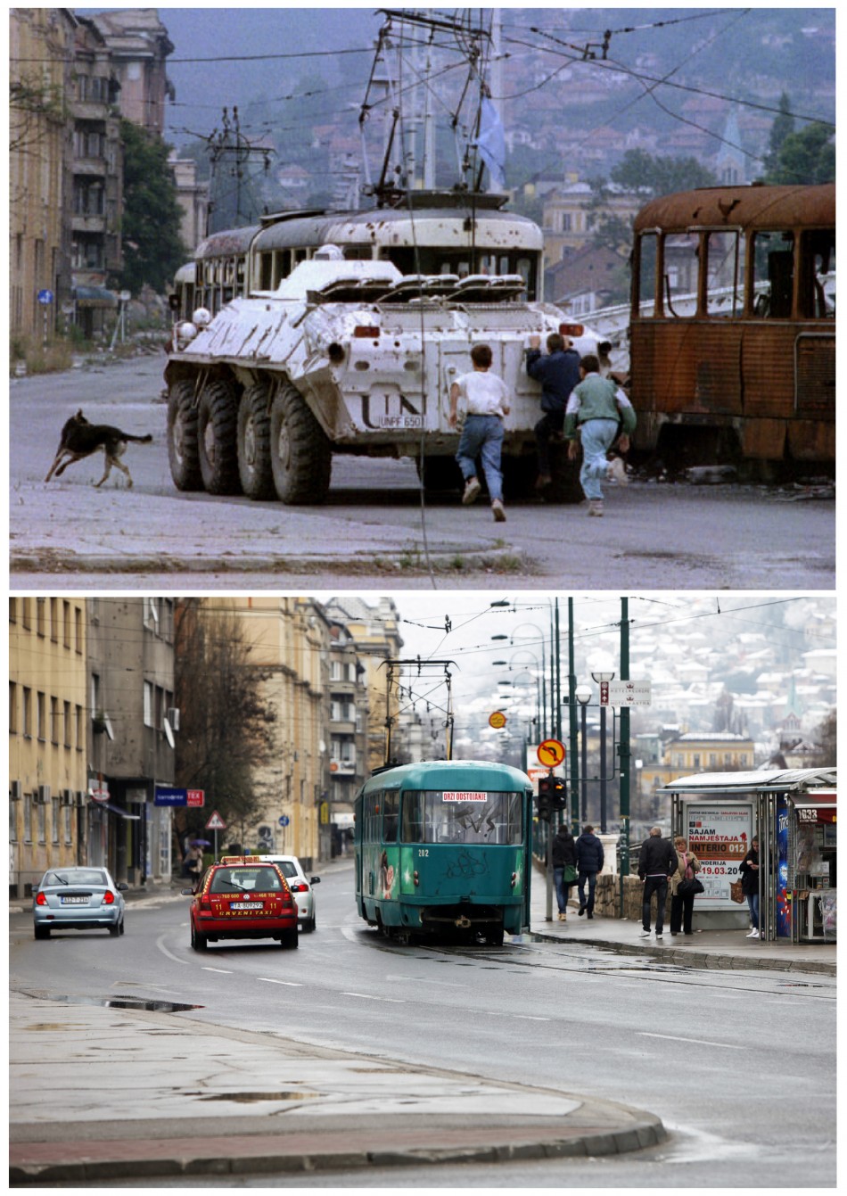 Three boys run behind a Ukrainian United Nations UN armoured personnel carrier APC as it moves past a burnt-out tram in Skenderia square in the besieged Bosnian capital of Sarajevo, in this file picture taken August 10, 1993, and vehicles, including a