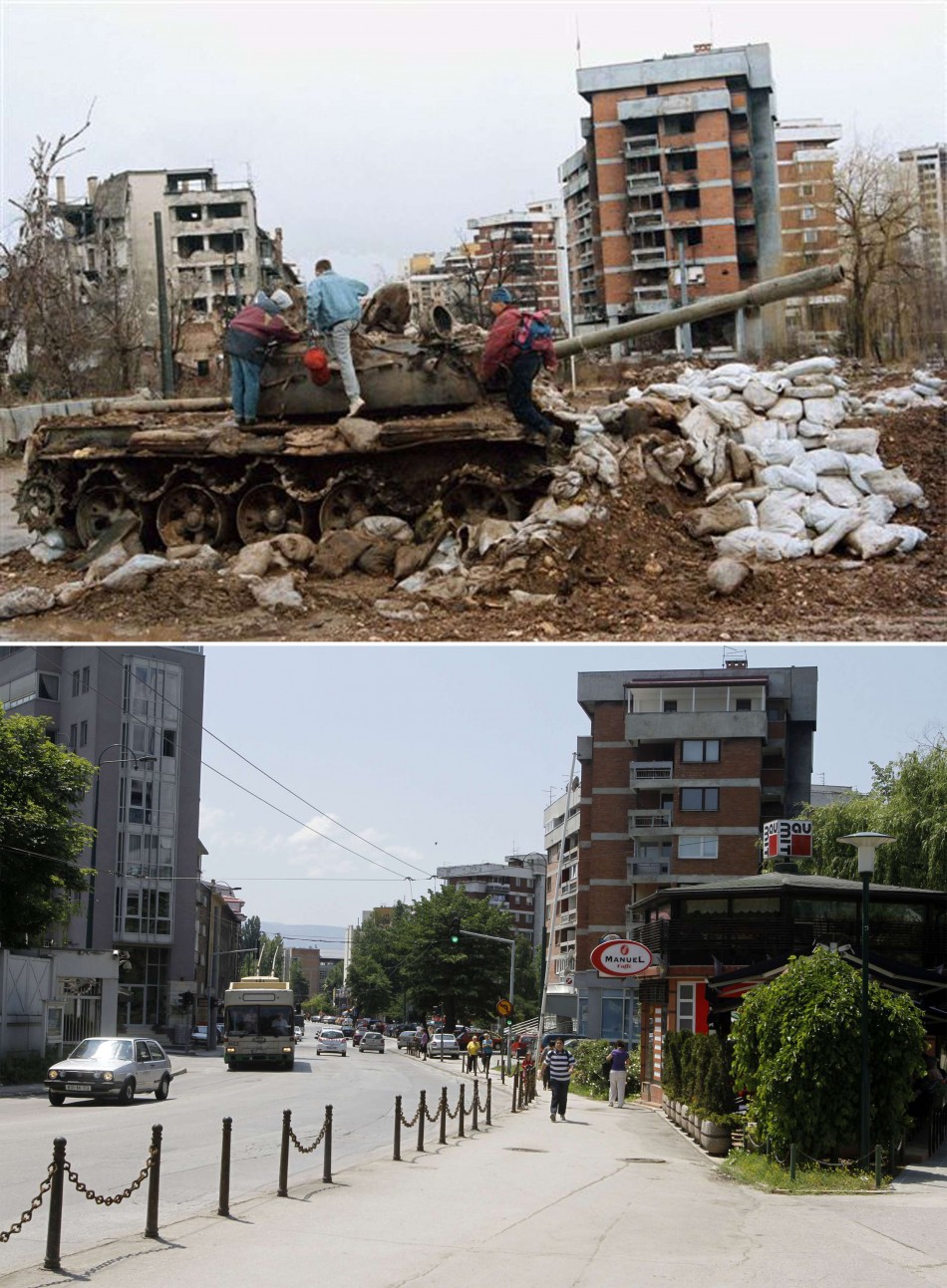 Combo photo shows disused tank standing at crossroad in front of ruined building in Kovacici district in Sarajevo people walking along same road today