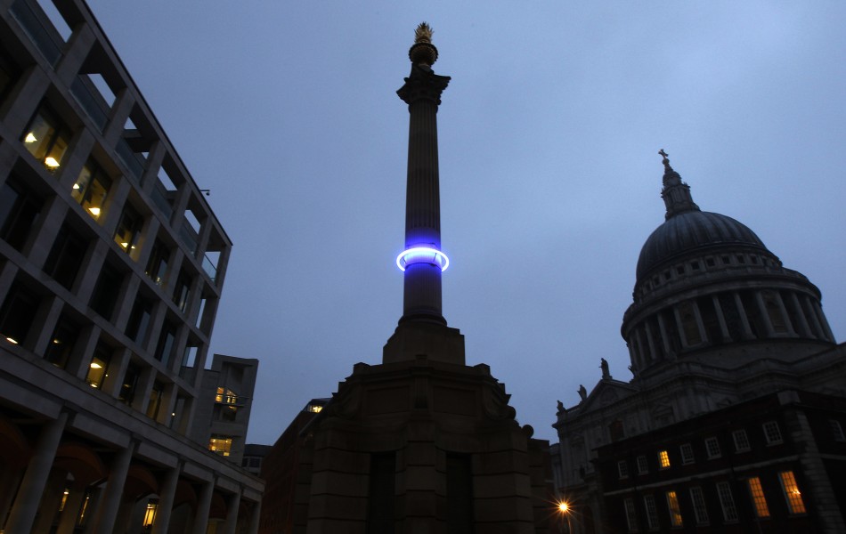 Plunge, a light installation marking where the worlds waters may have risen to in a thousand years, by artist Michael Pinsky is seen in London