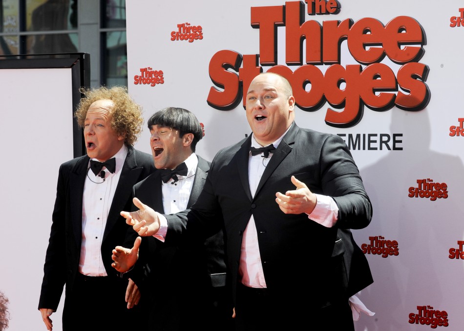 Actors Sean Hayes who plays Larry, Chris Diamantopoulos who plays Moe, and Will Sasso who plays Curly, arrive in character during the Hollywood premiere of quotThe Three Stooges The Moviequot in Los Angeles