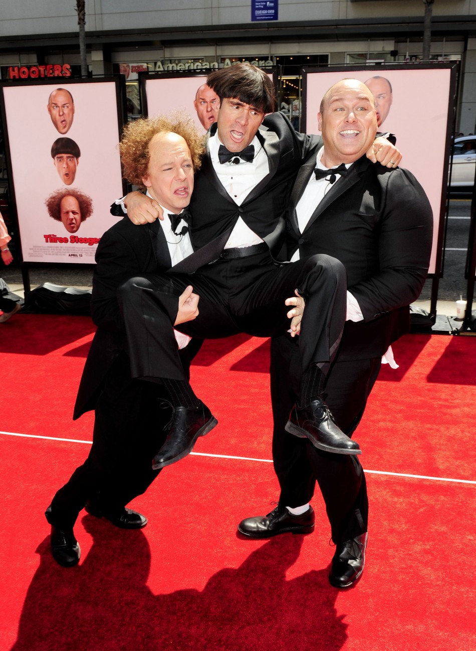 Actors Sean Hayes who plays Larry, Chris Diamantopoulos who plays Moe, and Will Sasso who plays Curly, arrive in character as the Three Stooges at the Hollywood premiere of quotThe Three Stooges The Moviequot in Los Angeles