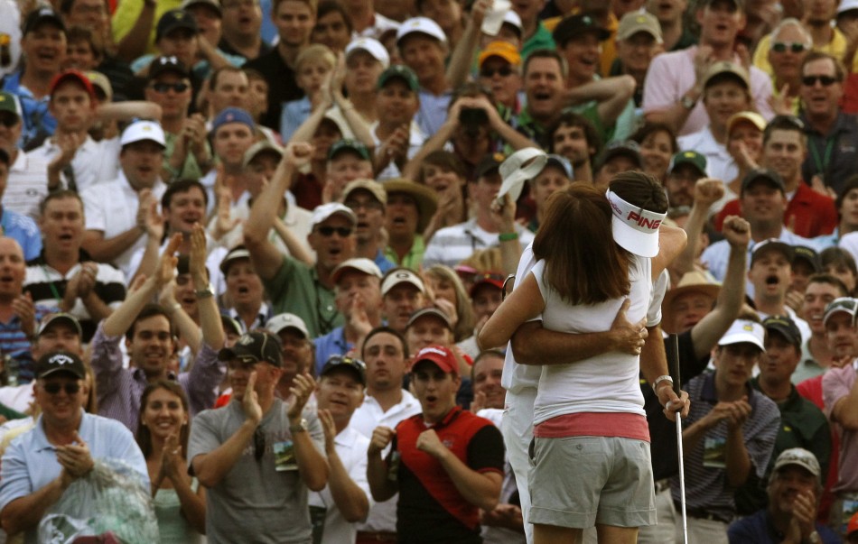 Bubba Watson of the U.S. hugs his mother Mollie after winning the the 2012 Masters Golf Tournament at the Augusta National Golf Club in Augusta