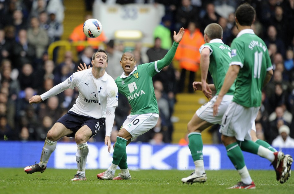 Tottenham Hotspur039s Ryan Nelsen is challenged by Norwich City039s Simeon Jackson during their English Premier League soccer match at White Hart Lane in London