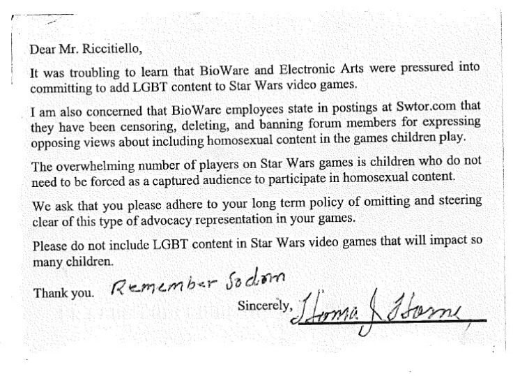 Anti-Gay Campaign Letter