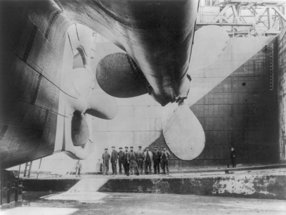 Titanic just prior to being launched into River Lagan for towing to fitting-out berth where her engines, funnels and interiors would be installed
