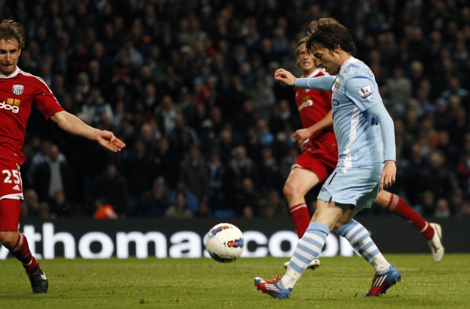 Manchester City039s Silva scores against West Bromwich Albion during their English Premier League soccer match in Manchester
