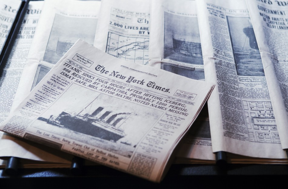 Copies of original newspapers describing the sinking of the Titanic rest in an exhibit at the South Street Seaport Museum commemorating the 100th anniversary of the sinking of the Titanic in New York