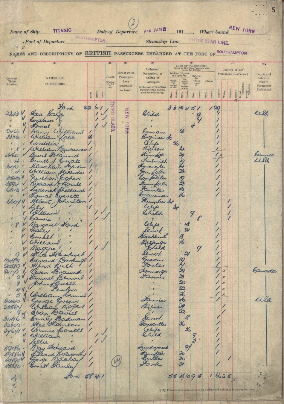 Handout photograph shows original passenger list for the Titanic