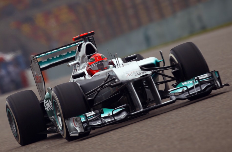 Mercedes Formula One driver Schumacher drives during the second practice session of the Chinese F1 Grand Prix at Shanghai International circuit