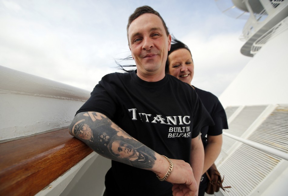 Derek Chambers of Belfast shows off tattoos of Titanics crew while onboard the Titanic Memorial Cruise in the mid-Atlantic Ocean