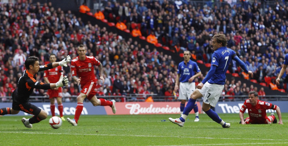 Everton039s Jelavic scores past Liverpool goalkeeper Jones during their English FA Cup semi-final soccer match in London