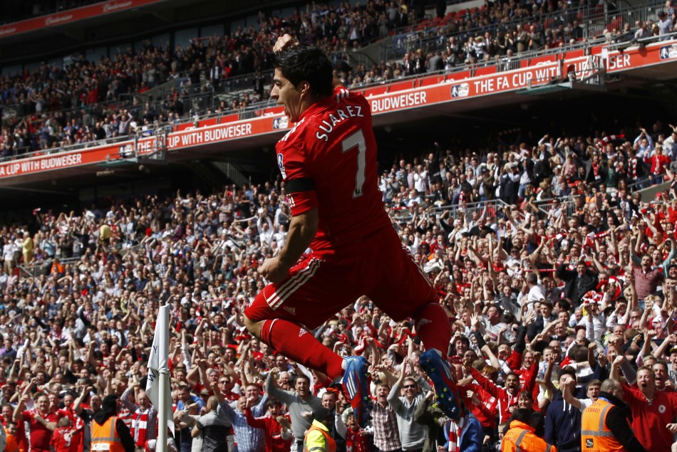 Liverpool039s Suarez celebrates his goal against Everton during their English FA Cup semi-final soccer match in London